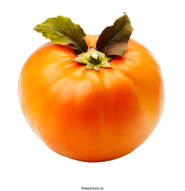 [Transparent Background PNG]Fresh Ripe Orange Persimmon Fruit With Green Leaves