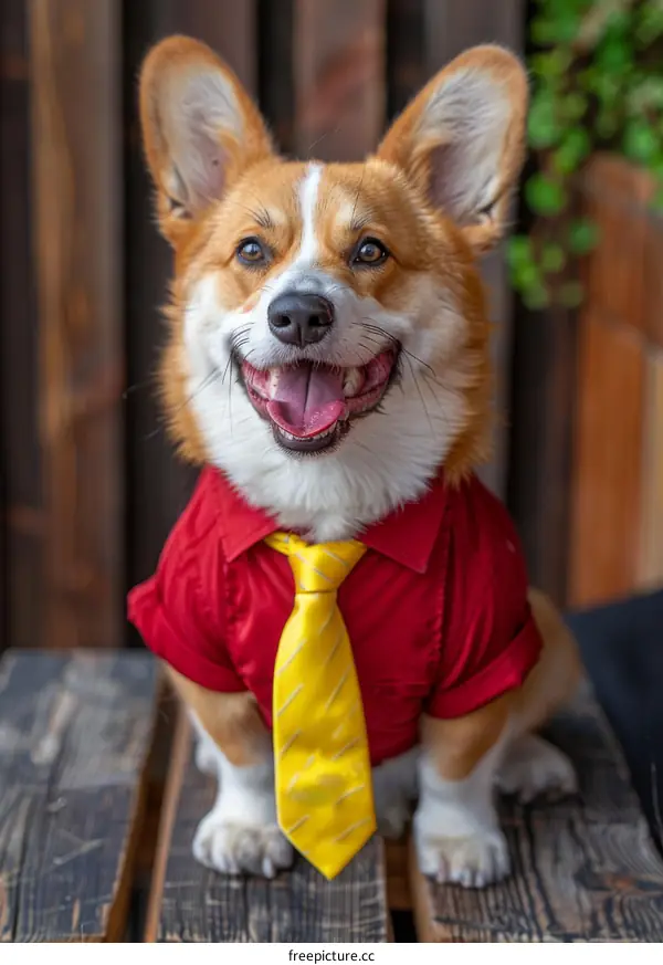 A cute corgi wearing a red shirt and yellow tie