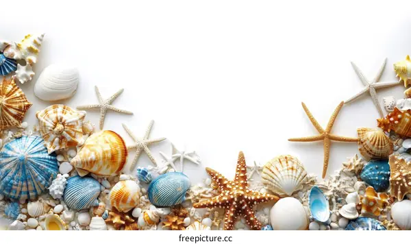 Colorful Seashells and Starfish Border on White Background