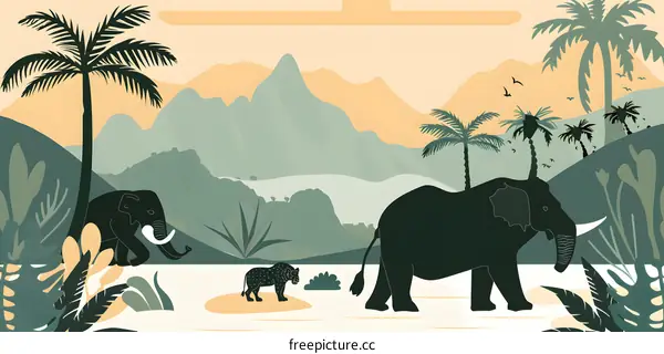 Elephant Family In Tropical Landscape