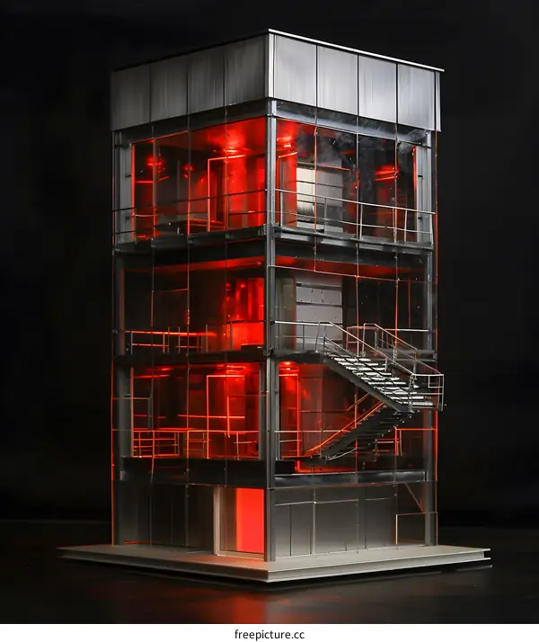 Glass Building Model with Red Lights