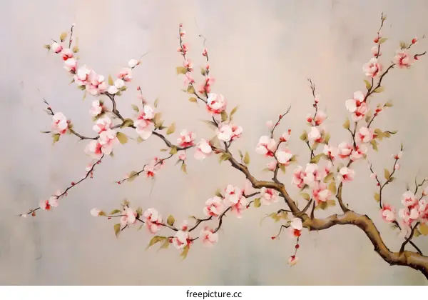 A painting of cherry blossoms on a beige background