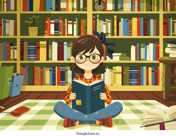 Young Girl Reading a Book in a Library
