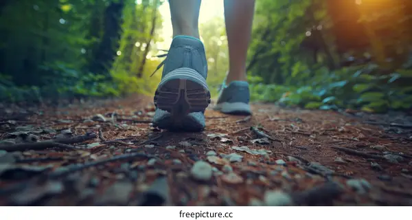 Close up of a woman's feet walking on a forest trail