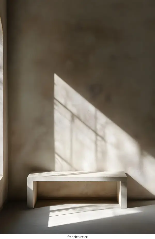 Minimalist Concrete Bench with Sunlight Shadow in Empty Room