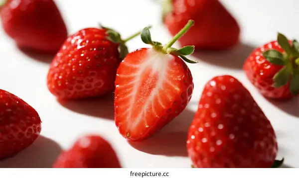 Fresh Ripe Strawberries with Green Leaves on White Background