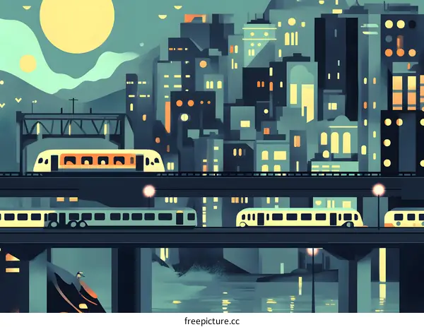 Night Cityscape with Trains and Moon