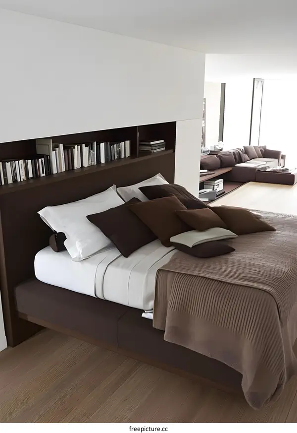 Modern Bedroom Interior Design with Built In Bookshelf and Minimalist Decor