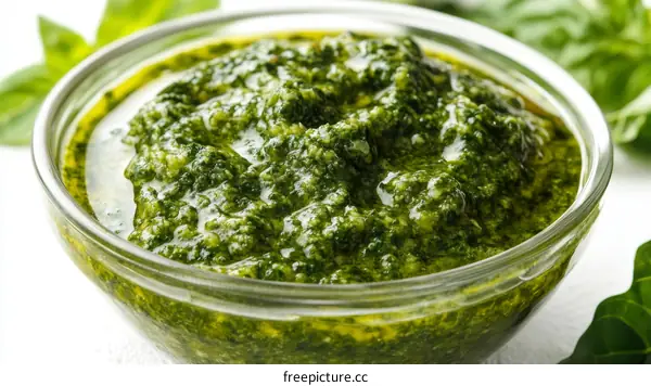 Delicious Green Pesto Sauce in Glass Bowl