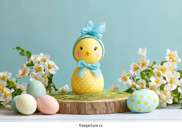 Easter Decorations with Eggs and Chick Figurine