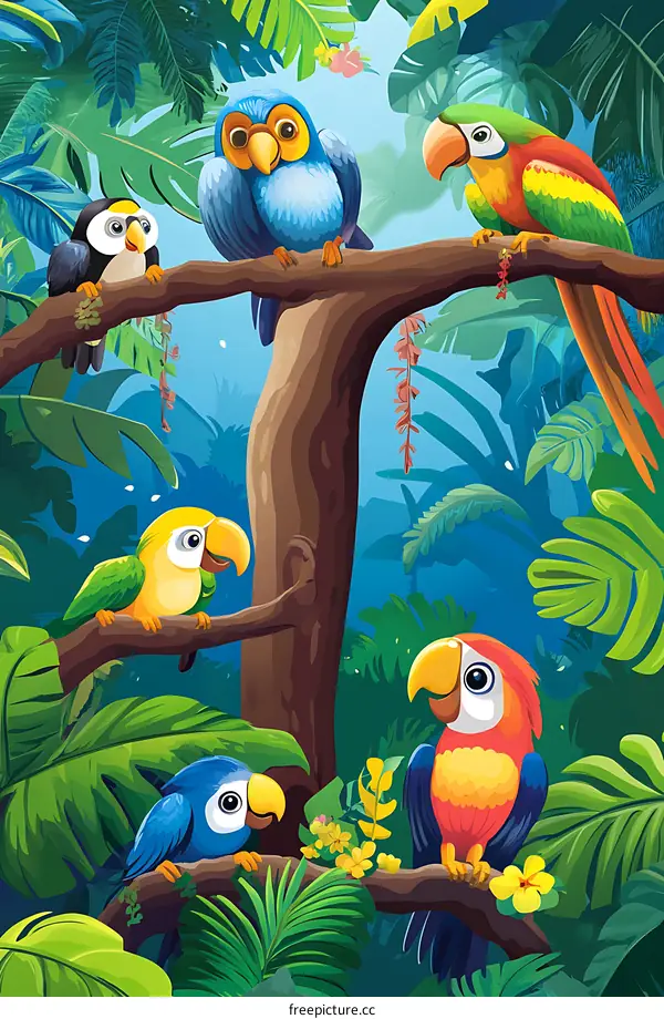 Colorful Parrots on a Branch in a Tropical Rainforest