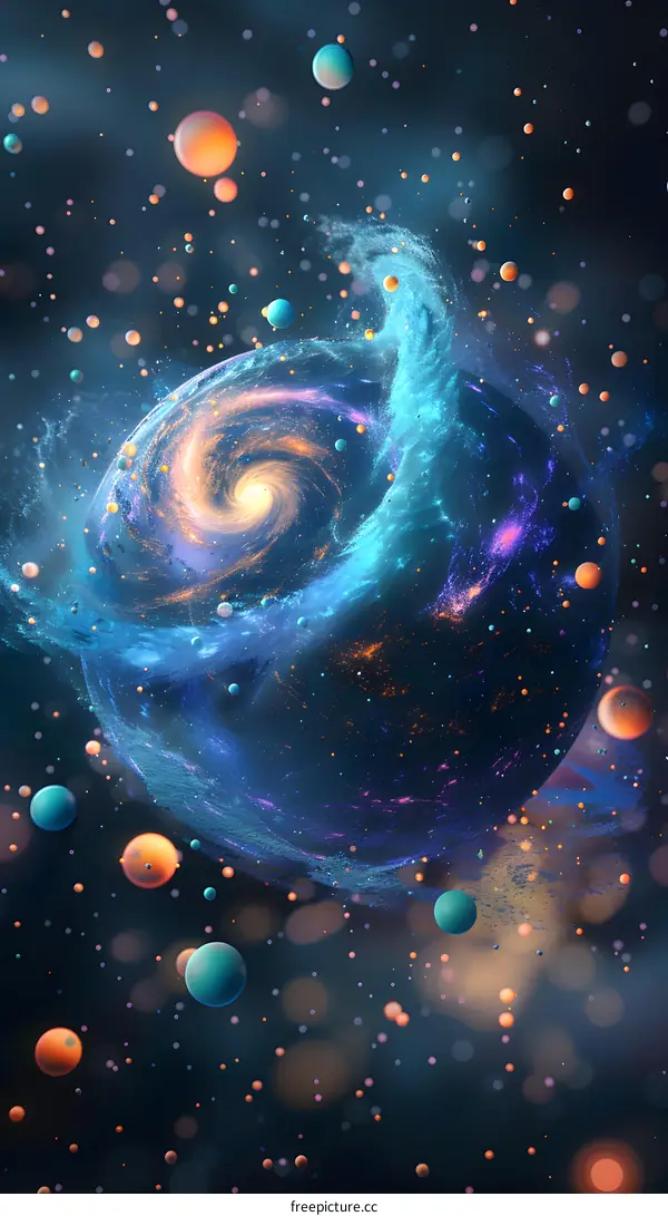 Blue and orange galaxy with stars and planets