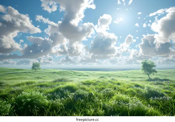 Green rolling hills under a blue sky with white clouds