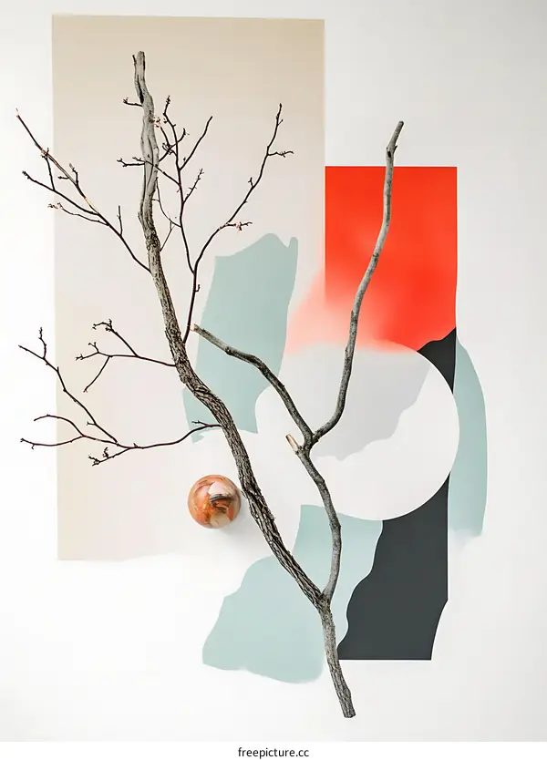 Abstract Art with Tree Branch and Geometric Shapes