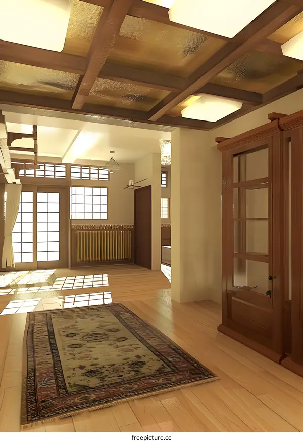 Modern Interior Design with Wooden Beams and a Rug