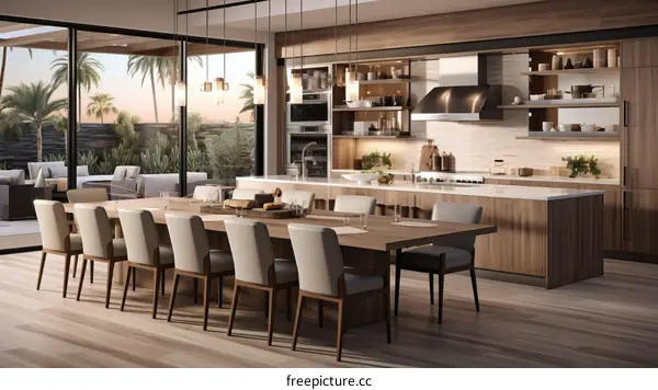 Modern kitchen and dining room with large windows and a view of the pool