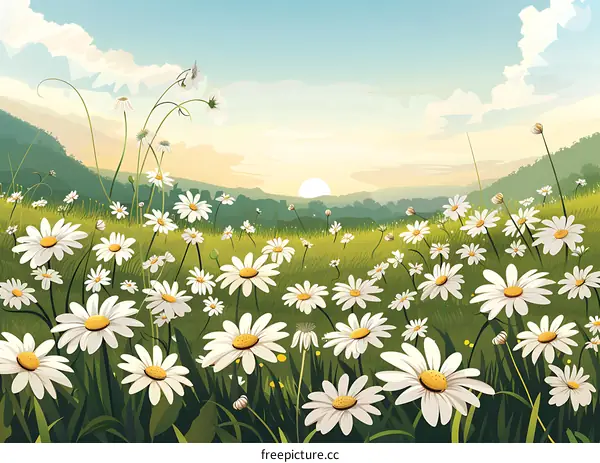 Daisy Field with Sunset Landscape Illustration
