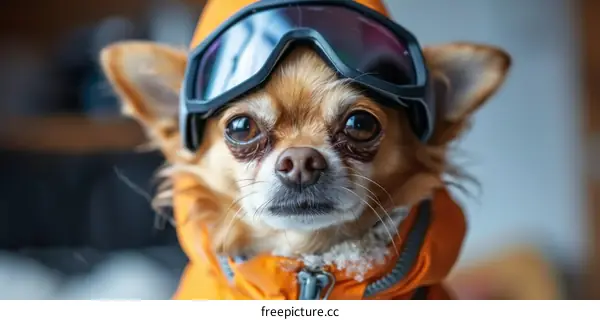 Cute Chihuahua Wearing Ski Goggles and Jacket