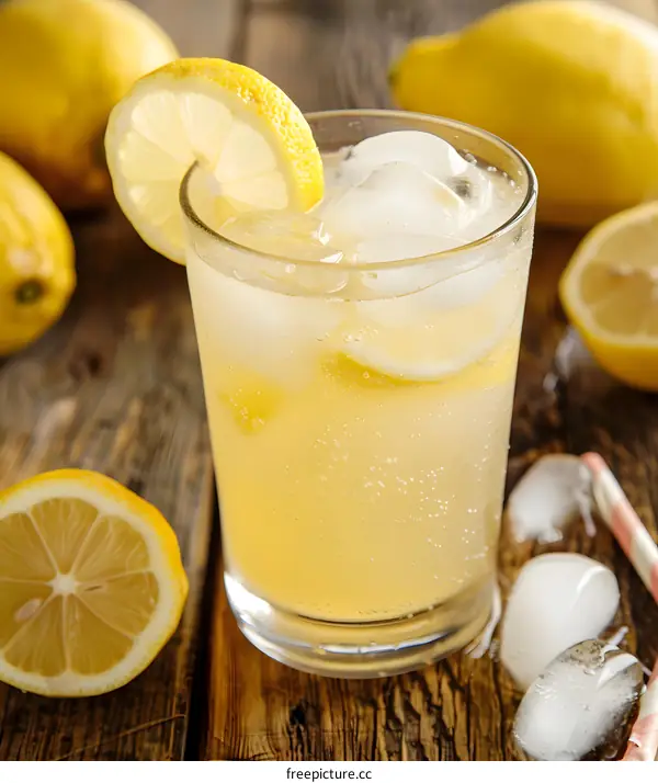 Refreshing Lemonade Drink with Ice and Lemon Slices