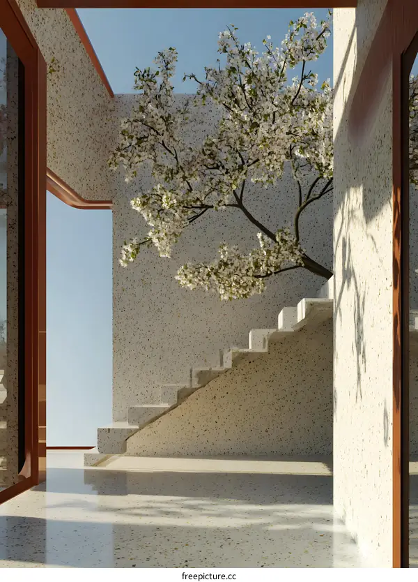 Modern Minimalist House Design with Terrazzo Stairs and Blooming Tree