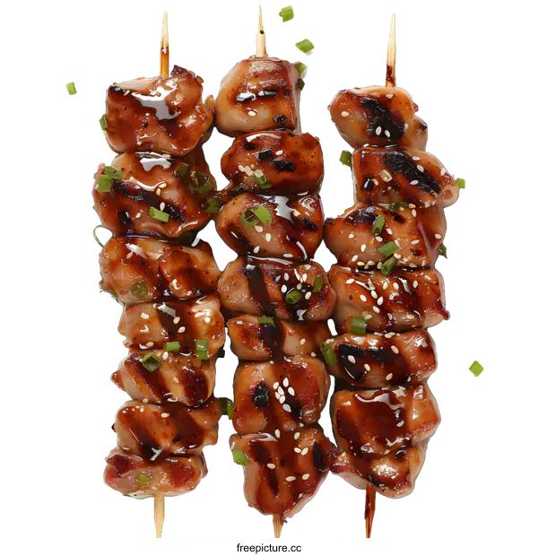[Transparent Background PNG]Grilled Chicken Skewers with Teriyaki Glaze and Sesame Seeds