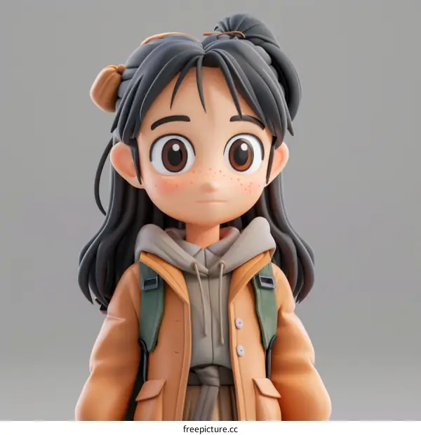 Adorable Cartoon Girl with Freckles and Brown Hair in Brown Jacket