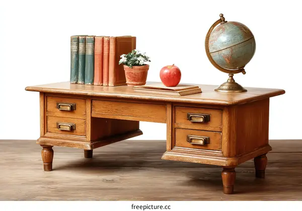 Vintage Wooden Desk with Books and Globe
