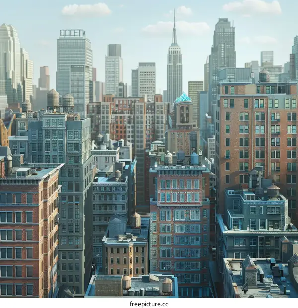 A skyline of towering skyscrapers with clear blue skies and fluffy white clouds above