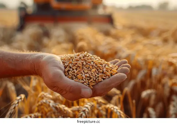 A farmer's hand holding a handful of wheat with a combine harvester in the background