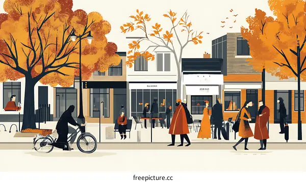 Autumn Street Scene with People Walking and Biking