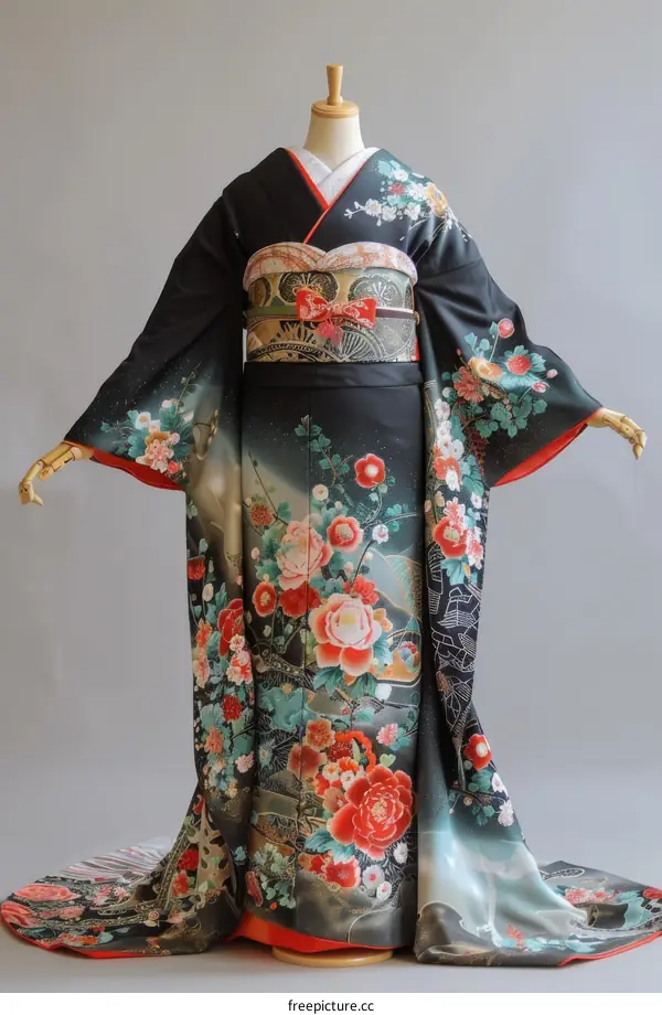 Black Kimono with Floral Design