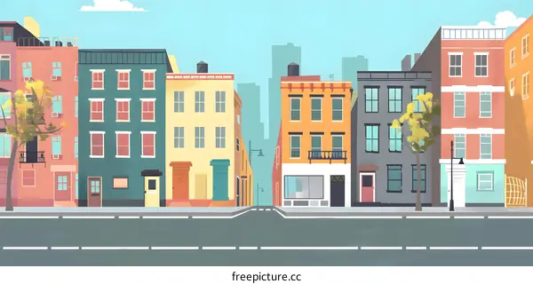 Colorful Illustration of a City Street with Buildings and a Road