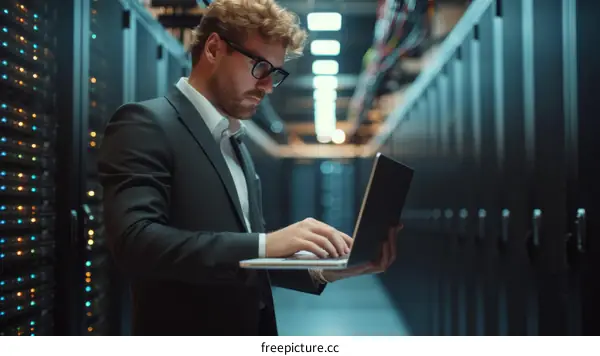 Male IT specialist working on laptop in server room