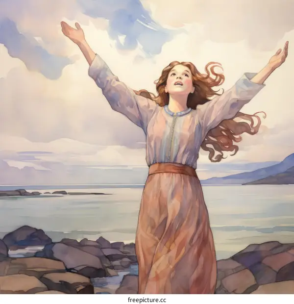 Young woman standing on a rocky shore, with her arms raised in the air