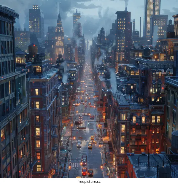 Snowy City Street with Cars and Pedestrians in Winter