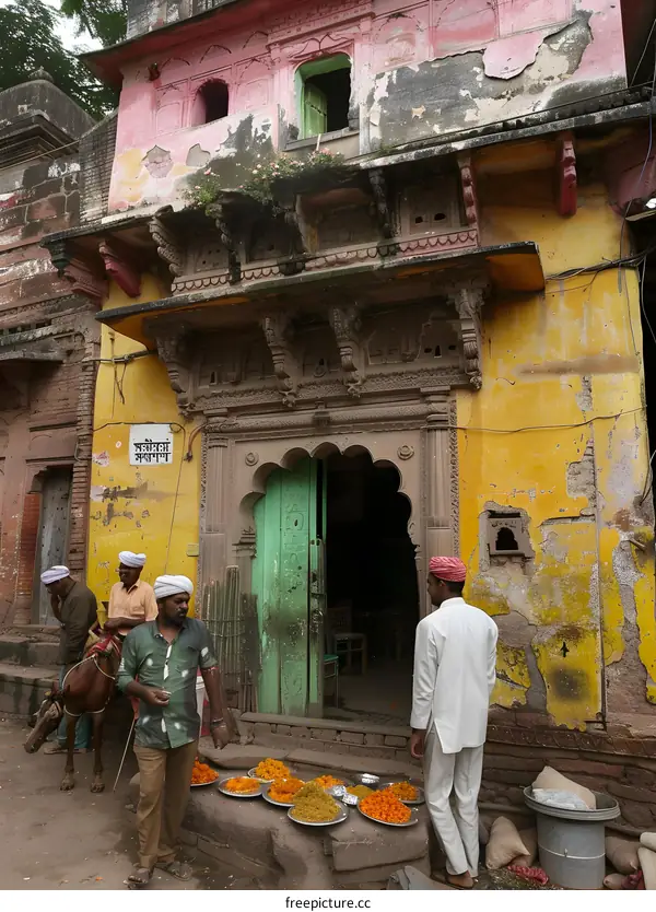 Old Building with Green Door and Men Selling Flowers in India