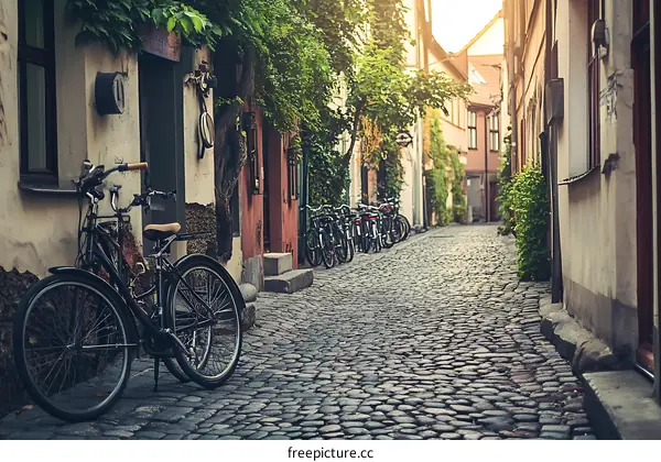 Cobblestone Street with Bicycle and Buildings in Europe