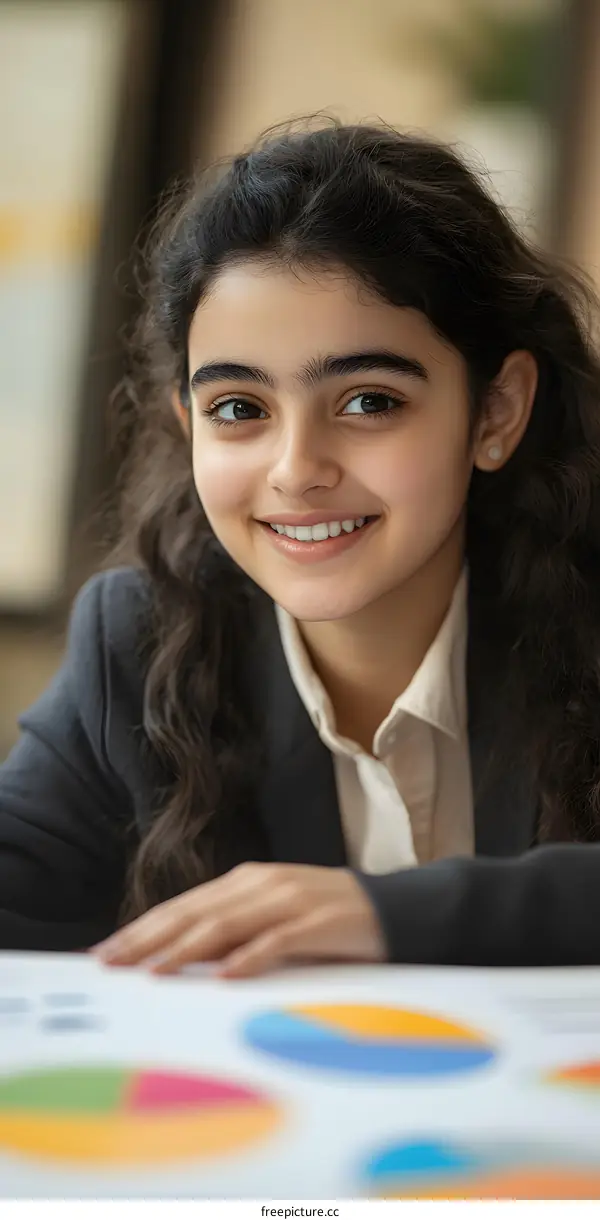 Young Businesswoman Smiling at Camera While Analyzing Data