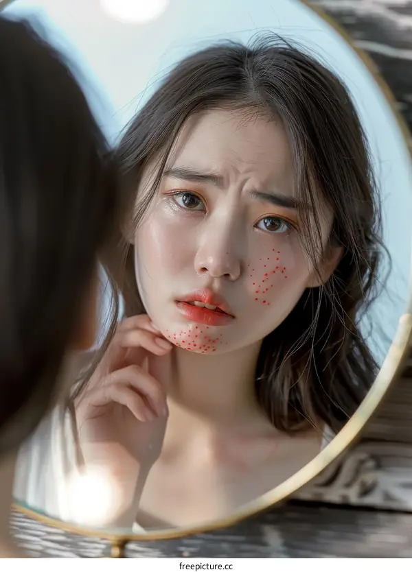 A young woman looks in the mirror and sees spots on her face