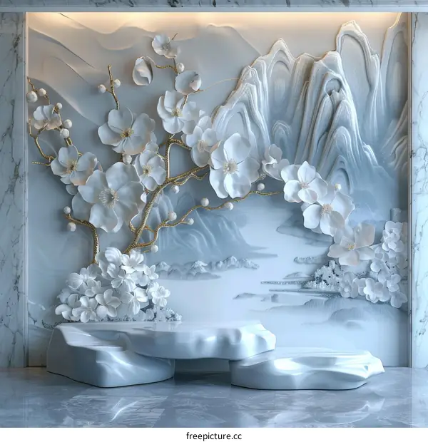 Elegant White Flower and Mountain Scene Display Stand