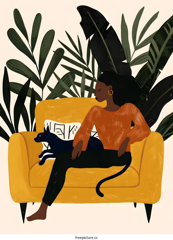 Woman Relaxing on Yellow Sofa with Cat and Tropical Plants