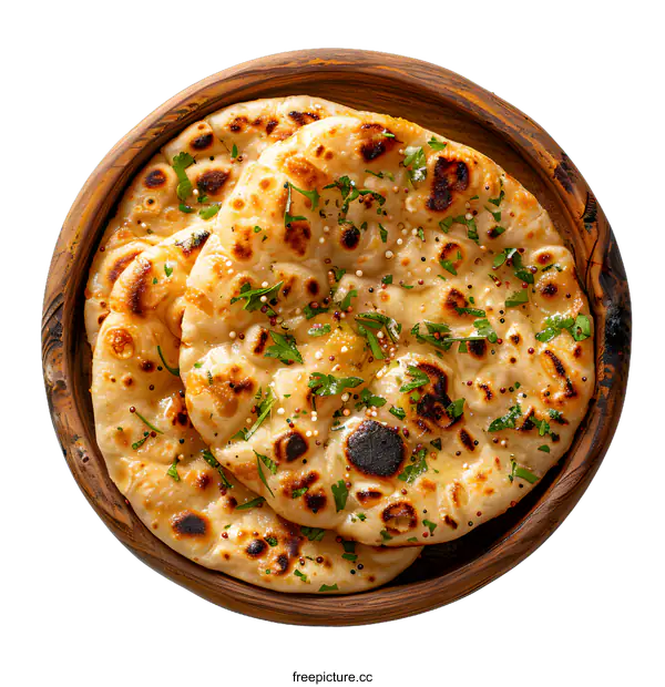 [Transparent Background PNG]Indian flatbread naan with herbs and spices on a wooden plate