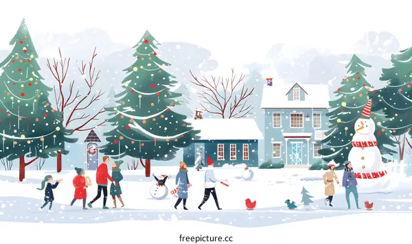 Winter Wonderland Christmas Scene with Family and Snowman
