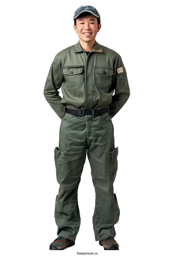 [Transparent Background PNG]Portrait of a Japanese engineer wearing a green work uniform