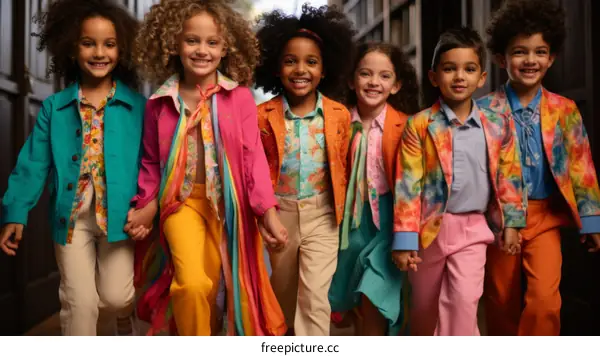 Diverse Children Holding Hands and Smiling in a Hallway
