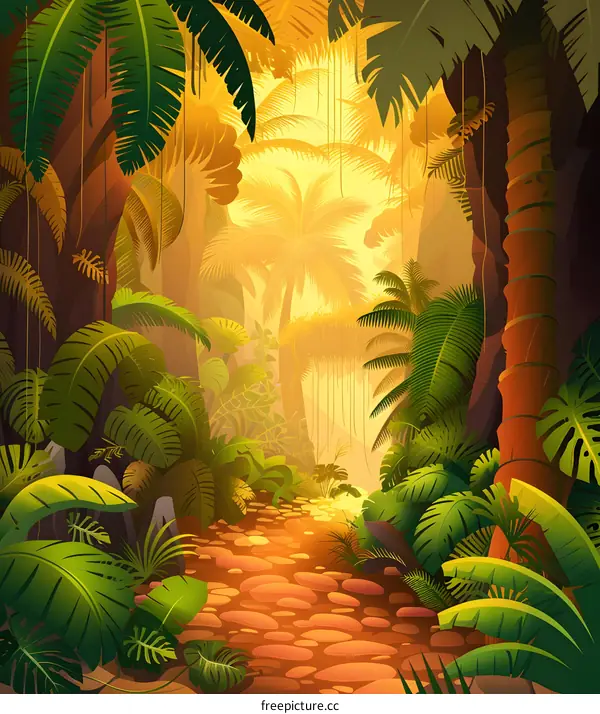Tropical Rainforest Jungle Path With Sunlight