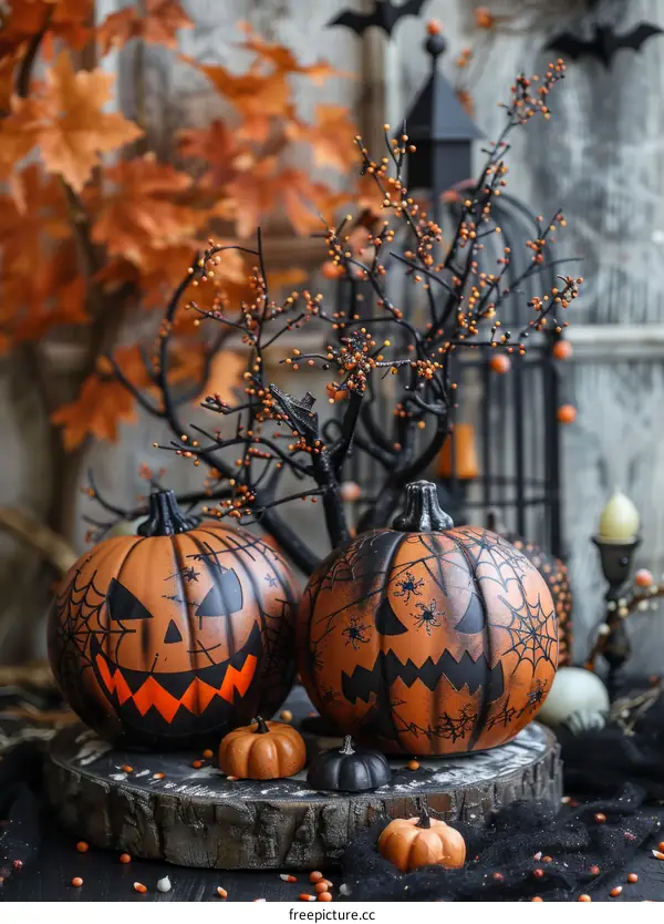 Two Halloween Pumpkins with a Spooky Tree