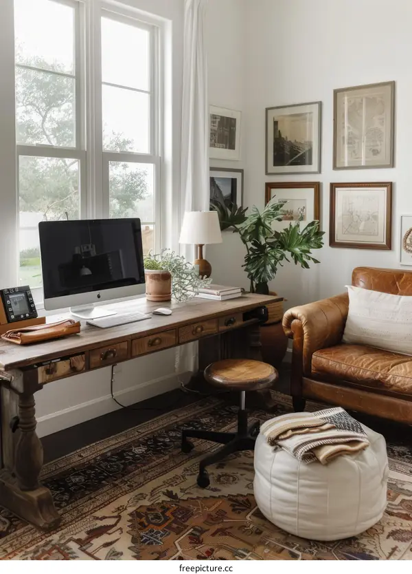 Home office with a large wooden desk, a brown leather chair, and a large window