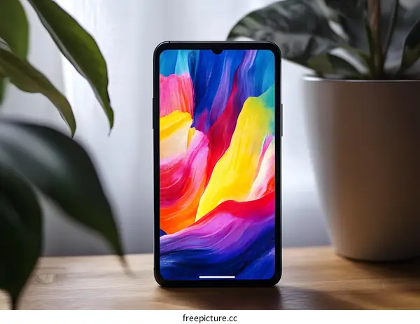 Phone on wooden table with abstract colorful wallpaper