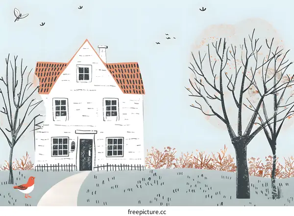 Cute Illustration of a White House with a Red Roof in a Field with Bare Trees
